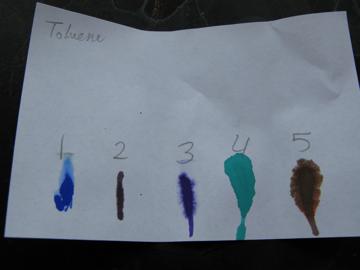 The toluene labeled test strip has edge feathering of most blobs