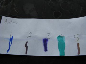 The acetone labeled test strip shows some discoloration with the broadening