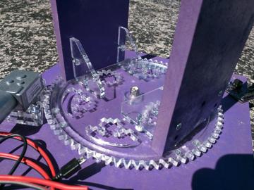 The azimuthal axis is rotated by a gear which supports the entire unit